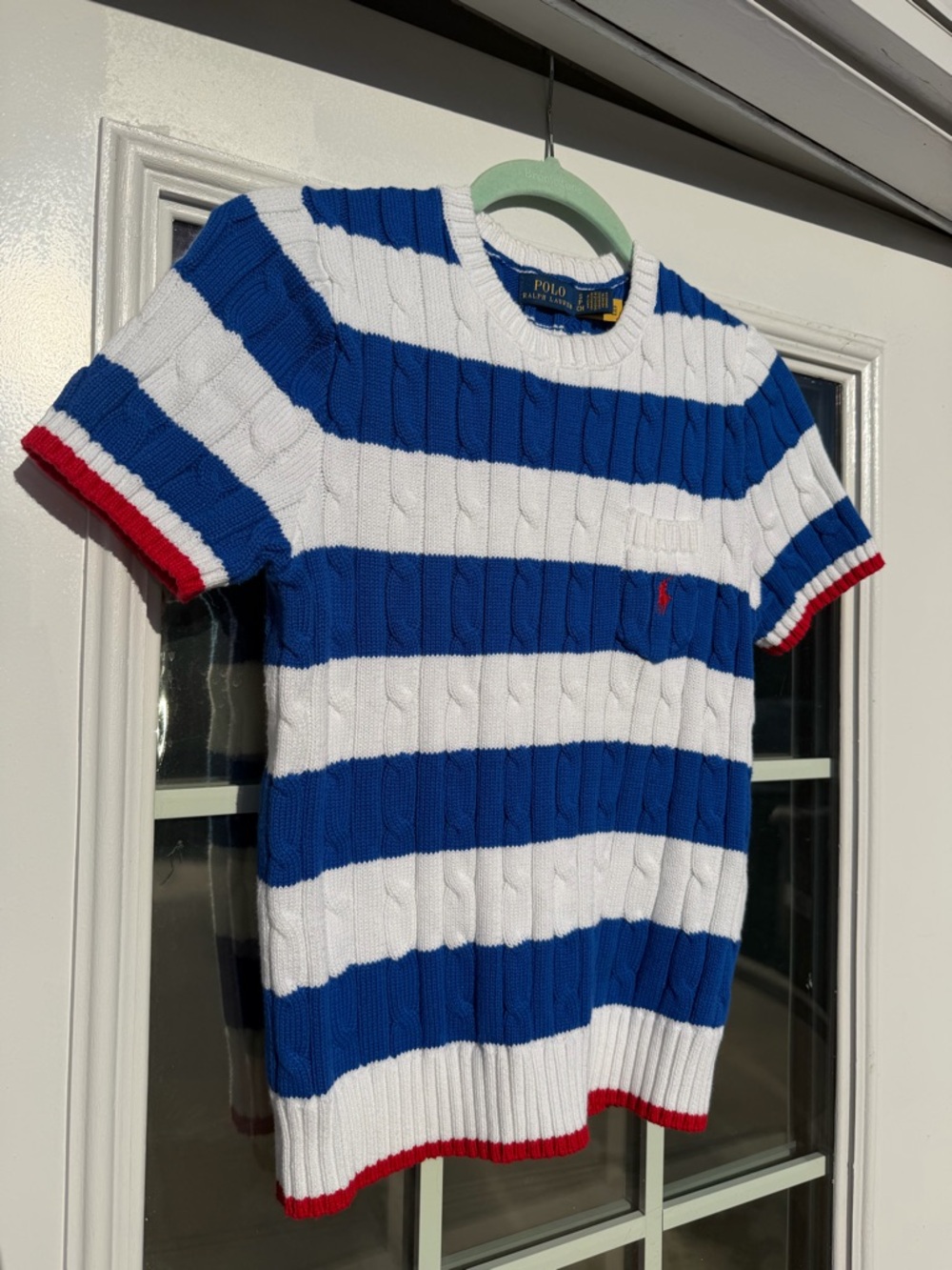 Polo by Ralph Lauren Blue White Red Striped Short Sleeve Cable Knit Tee